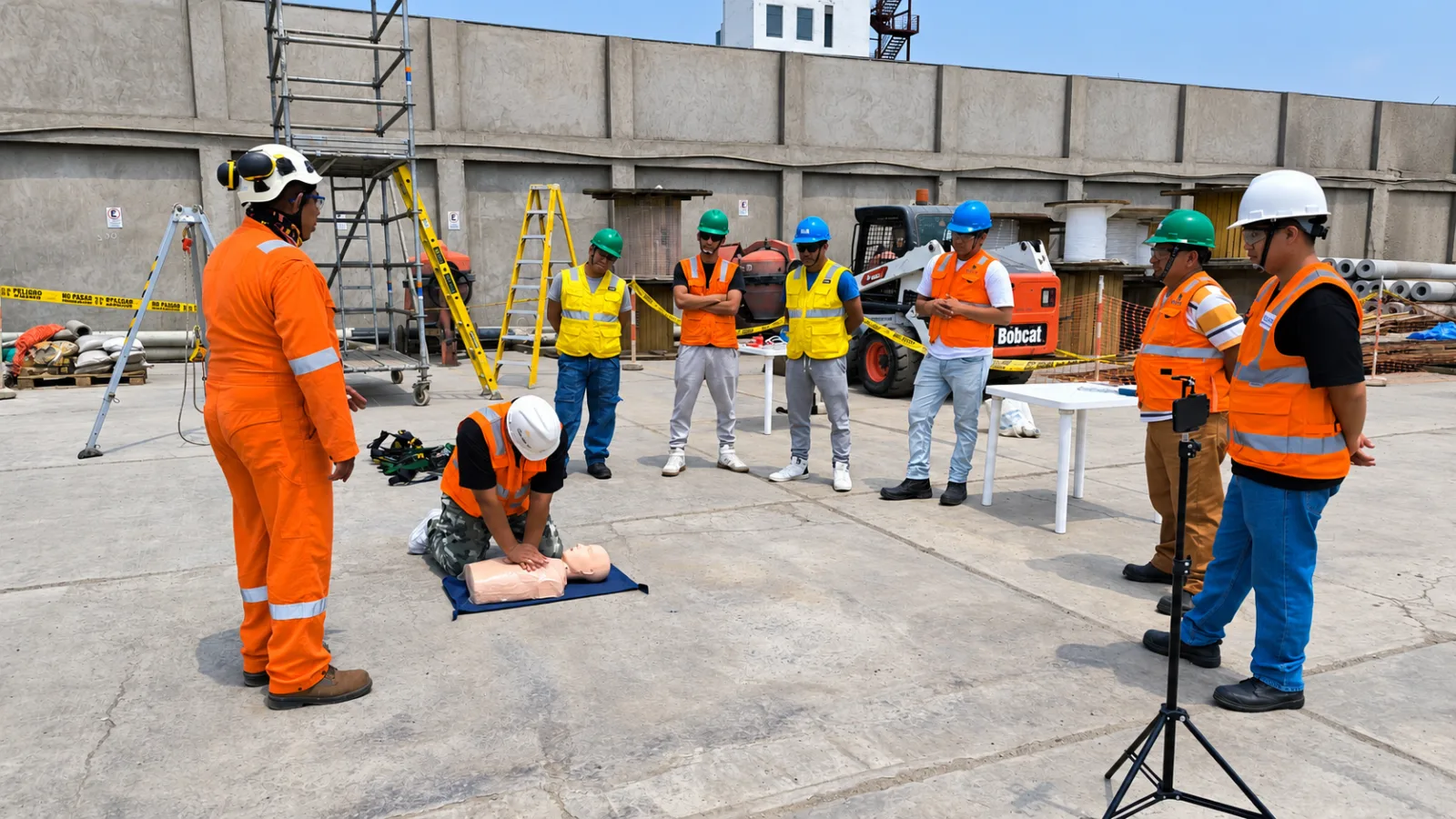 Práctica de primeros auxilios en campo con trabajadores con casco y chaleco