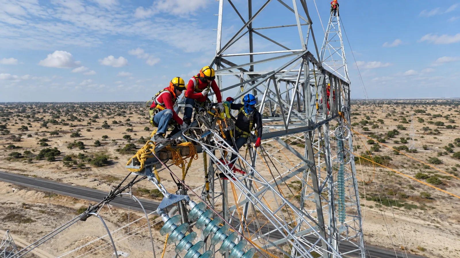 Equipo de trabajo en altura con arnés y casco sobre una torre de alta tensión