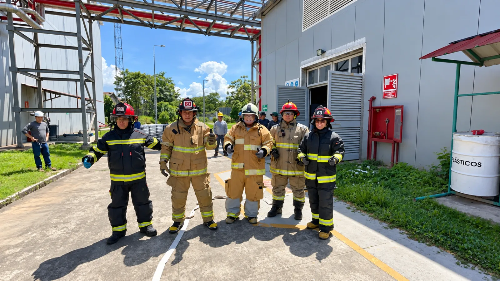 Brigada contra incendios equipada frente a una planta industrial